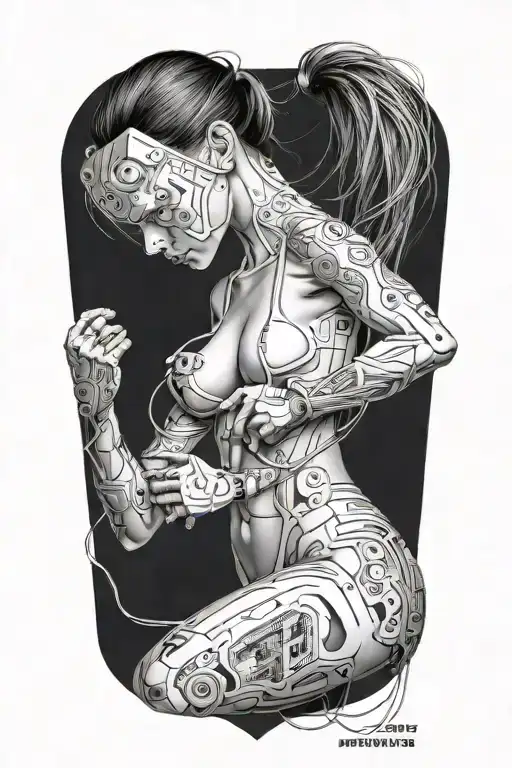 Sexy Muscular Women With Technology Circuits Board Merging