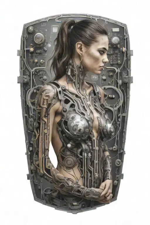 Sexy Muscular Women With Technology Circuits Board Merging
