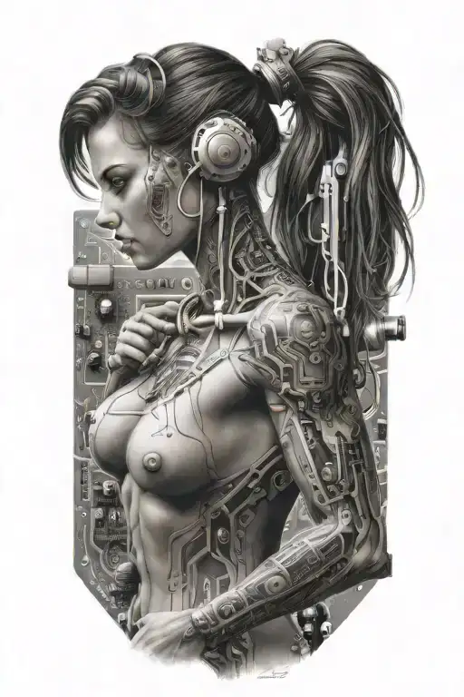 Sexy Muscular Women With Technology Circuits Board Merging