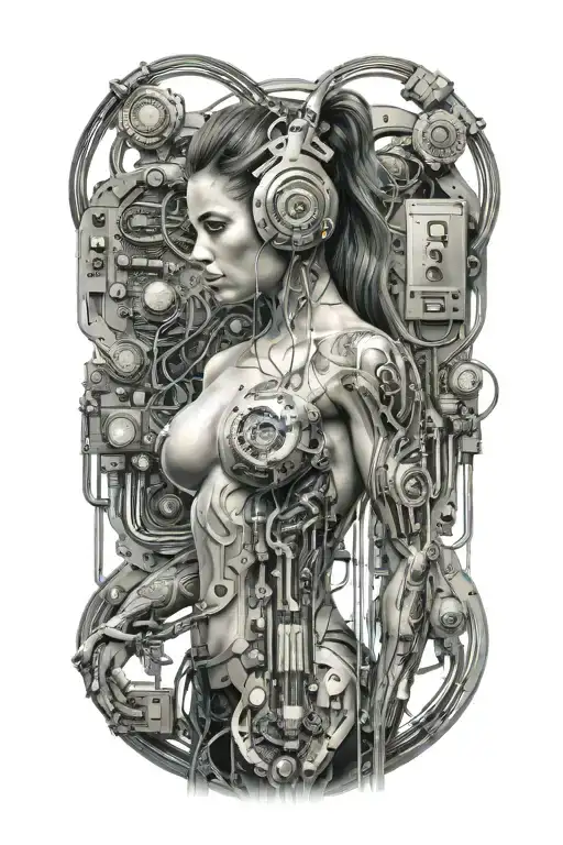 Sexy Muscular Women With Technology Circuits Board Merging