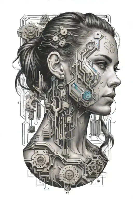 Sexy Muscular Women With Technology Circuits Board Merging