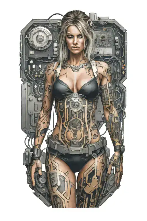 Sexy Muscular Women With Technology Circuits Board Merging