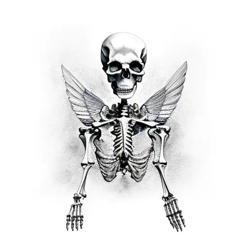 Half Human Half Skeleton Flying Through The Air With Wings Made Of Bones
