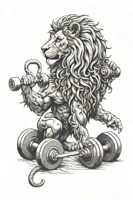 An Intricate Lion Design Incorporating Workout Equipment Like Dumbbells And Kettlebells