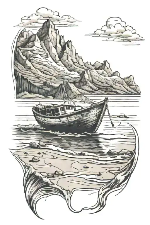Stranded Boat On A Beach With Mountains Int He Background