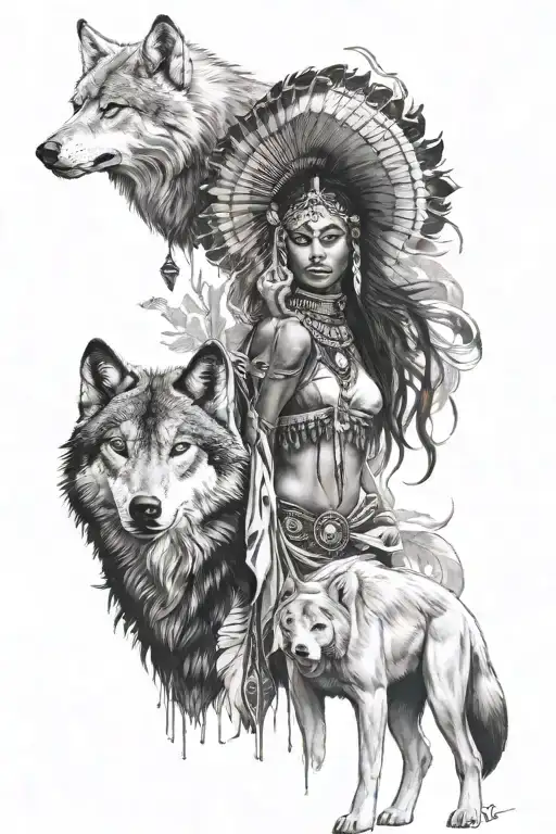 Black And White Indian Woman Full Body With Wolf