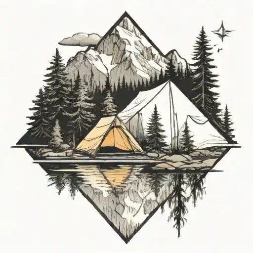 3 Peak Mountain Range With A Forest In Front And A Pond With A Little Triangle Tent Next To It