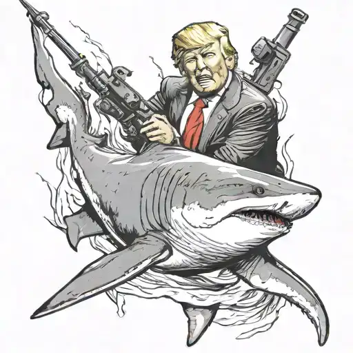 Donald Trump Riding A Great White Shark Holding A Bazooka