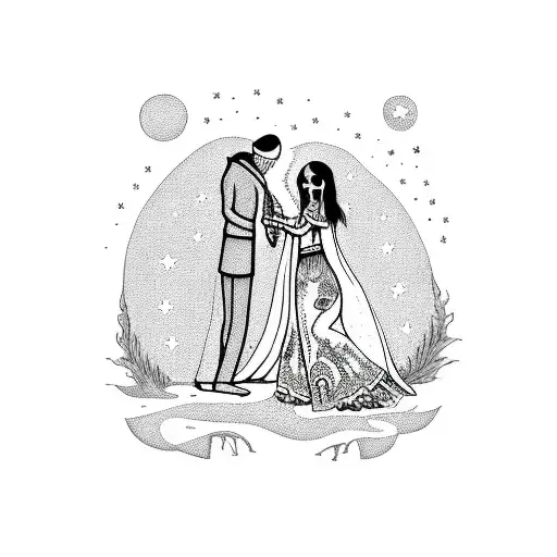 Grim Reaper And Woman In Catrina Dress Dancing Under A Starry Sky