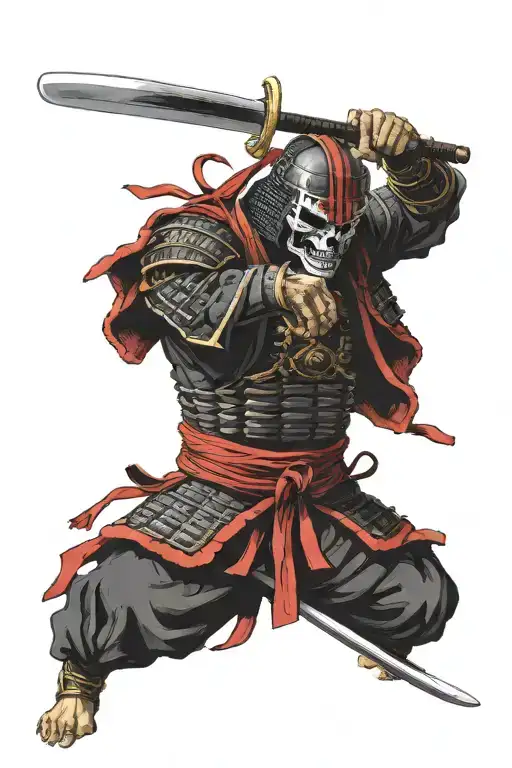 Samurai With A Skull Face Wearing Black And Red Armour Committing Seppuku