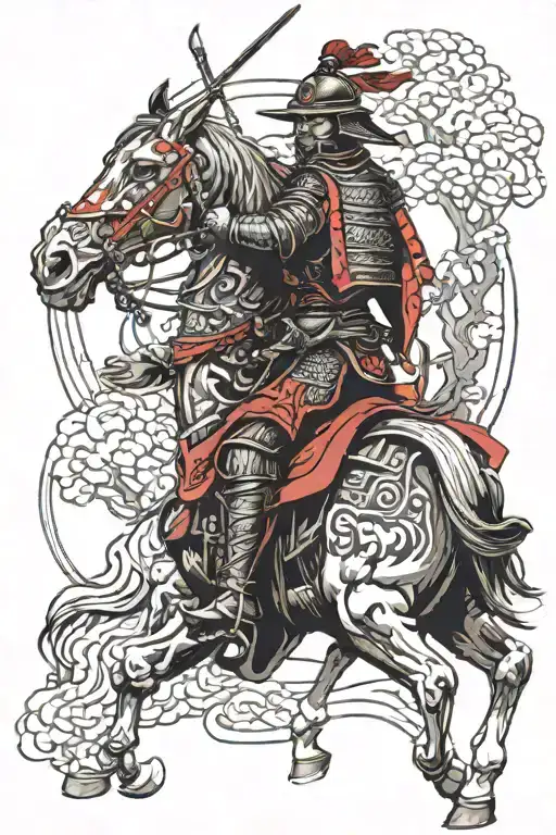 Samurai With A Skull Face Wearing Black And Red Armour Riding A Horse