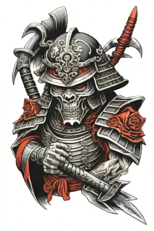 Samurai Wearing Red And Black Armour With A Skull Face