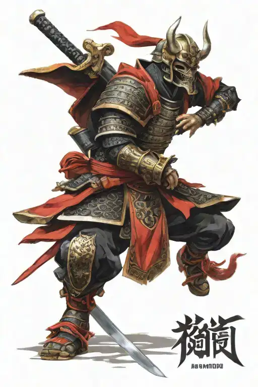 Samurai Wearing Red And Black Armour With A Skull Face