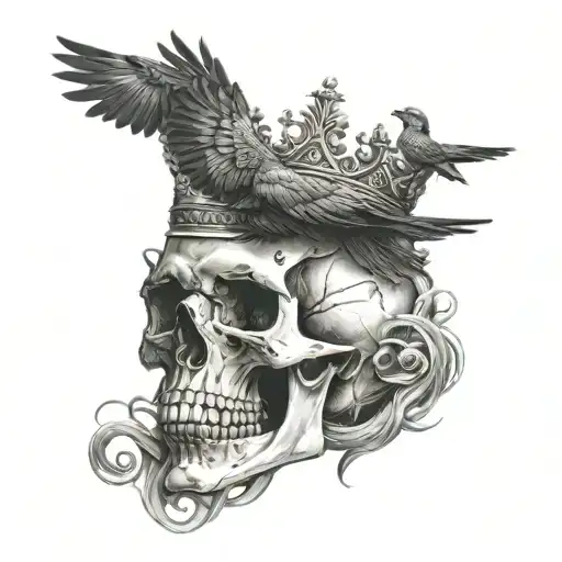 Skull With Crown And Crow Flying