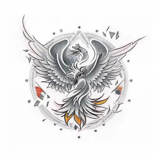 A Traditional-style Tattoo Featuring A Phoenix Surrounded By Shattered Pieces Of A Heart