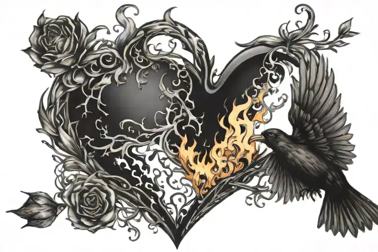 Black Heart Surrounded By Fire And Little Bird Flying Away