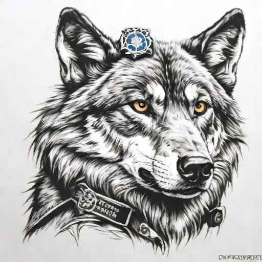 Realistic Portrait Of A Wolf With Police Army Intelligence Insignia In The Background