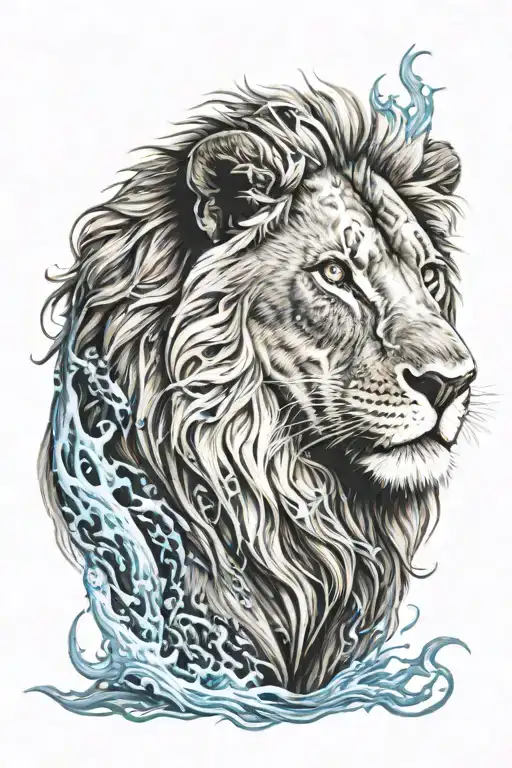 Realistic Half-length Lion With Blue Eyes And Fiery Features