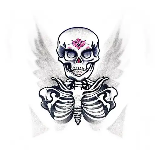 Skeleton Sitting On It's Knees With A Parakeet Sitting On It's Finger