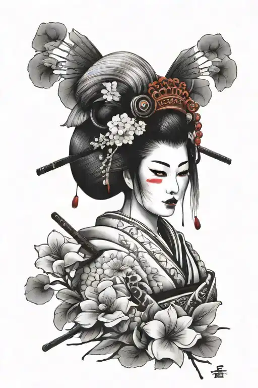 Warrior Geisha Tattoo In Black And White With Cherry Petal