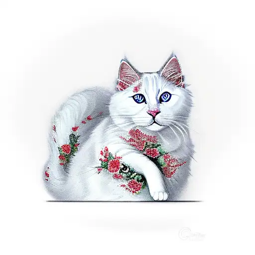 Turkish Van White Cat Sitting By A Vase Filled With A Bouquet Of Red And White Flowers