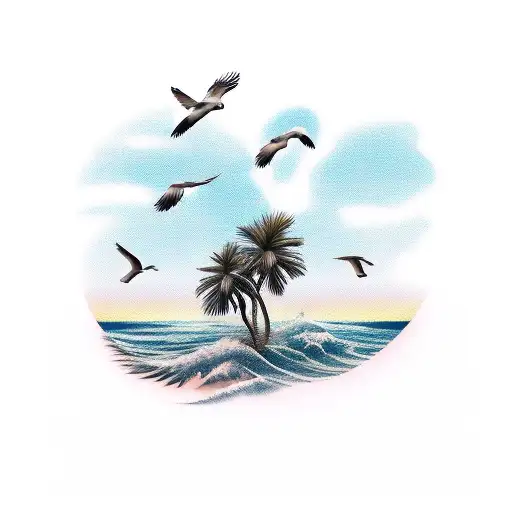 Palm Tree With Sea And Birds