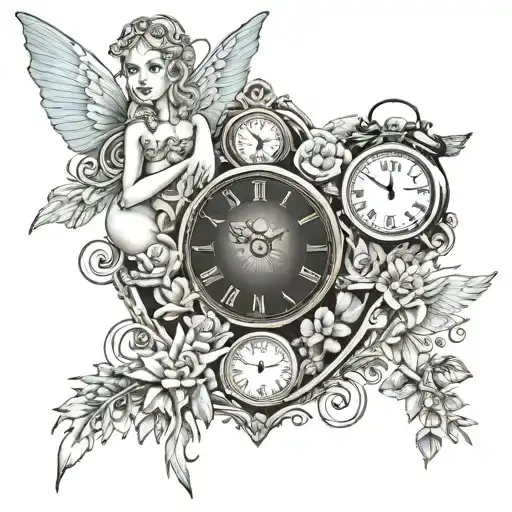 Six Heart Shaped Clocks Surrounding Mother Fairy