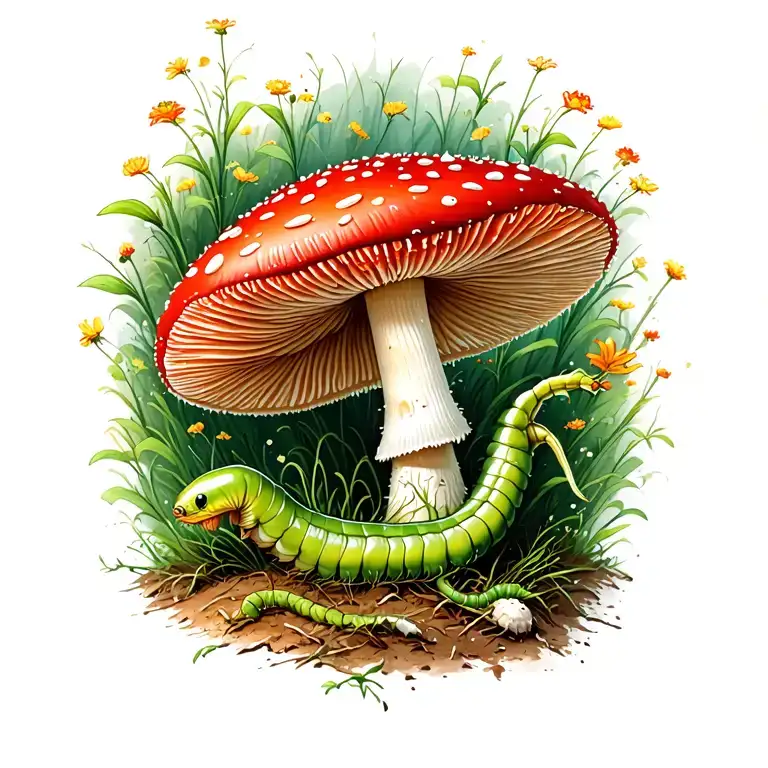 Red And White Mushroom With Green Inch Worm Crawling In Front Of Mushroom