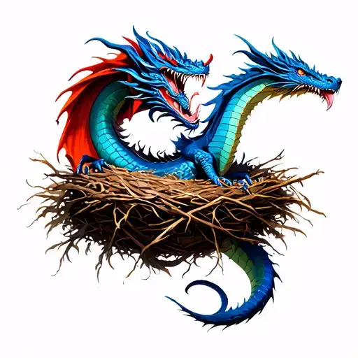 Blue And Red Dragon Taking Care Of The Nest