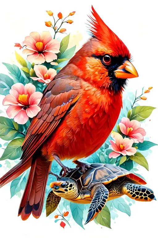 Cardinal With Flowers And A Sea Turtle