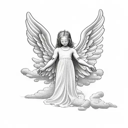 A Minimalist Tattoo Of A Guardian Angel Embracing A Small Child