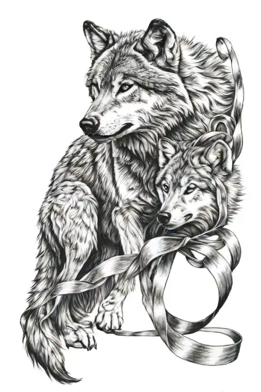 Wolf And Cub Playing With Ribbon Intertwined