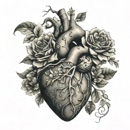 Human Heart With A Snake Wrapped Around And Flowers Blooming From The Heart