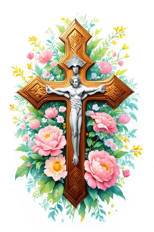 Cross With Lots Of Flowers In The Background
