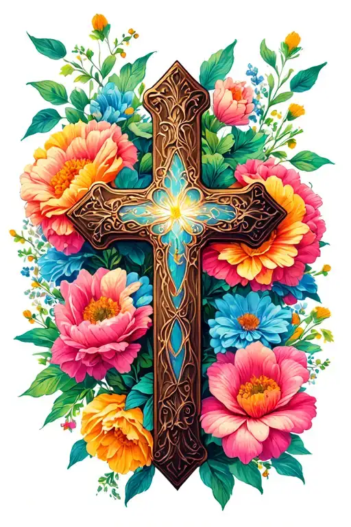Cross With Lots Of Flowers In The Background