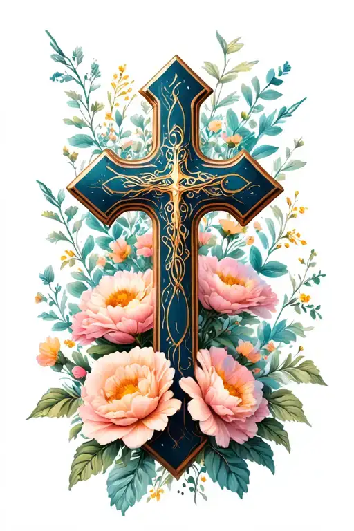 Cross With Lots Of Flowers In The Background
