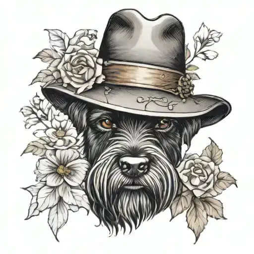 All Black Schnauzer With Cowgirl Hat And Brown Eyes And Flowers