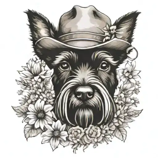All Black Schnauzer With Cowgirl Hat And Brown Eyes And Flowers