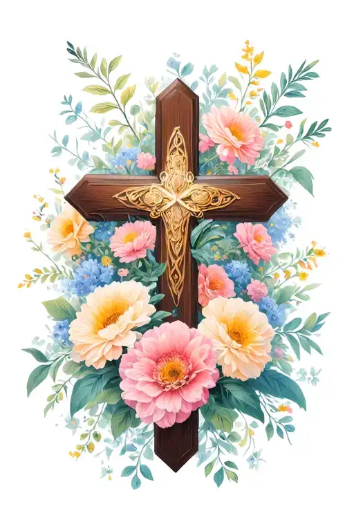 Cross With Lots Of Flowers In The Background