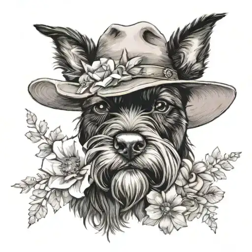 All Black Schnauzer With Cowgirl Hat And Brown Eyes And Flowers Looking To The Side