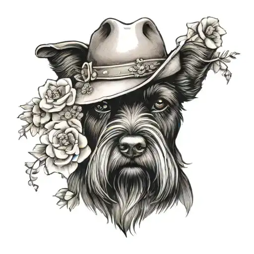 All Black Schnauzer With Cowgirl Hat And Brown Eyes And Flowers Looking To The Side