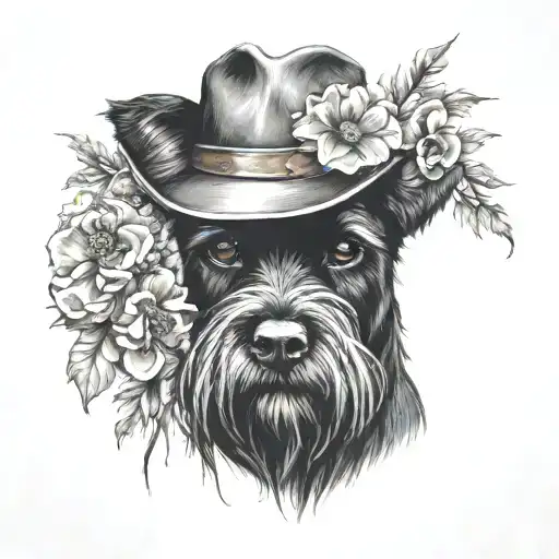 All Black Schnauzer With Cowgirl Hat And Brown Eyes And Flowers Looking To The Side