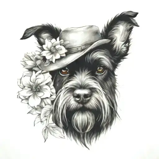 All Black Schnauzer With Cowgirl Hat And Brown Eyes And Flowers Looking To The Side