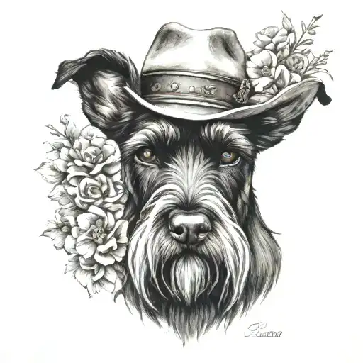 All Black Schnauzer With Cowgirl Hat And Brown Eyes And Flowers Looking To The Side