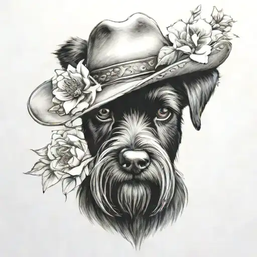 All Black Schnauzer With Cowgirl Hat And Brown Eyes And A Collar And Flowers Looking To The Side