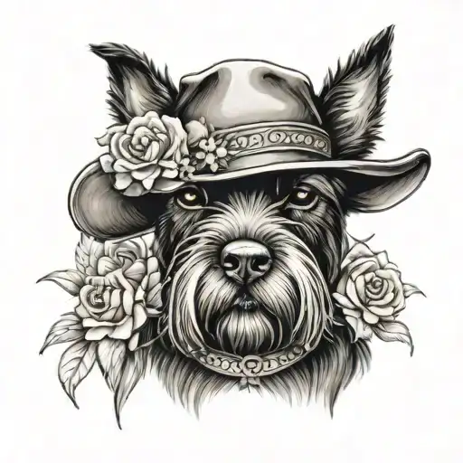 All Black Schnauzer With Cowgirl Hat And Brown Eyes And A Collar And Flowers Looking To The Side
