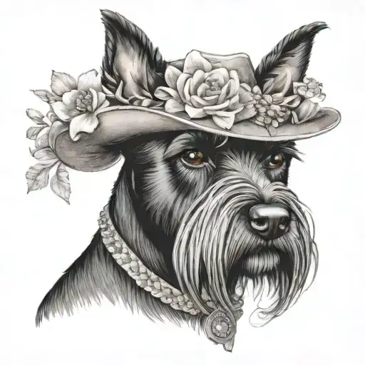 All Black Schnauzer With Cowgirl Hat And Brown Eyes And A Collar And Flowers Looking To The Side