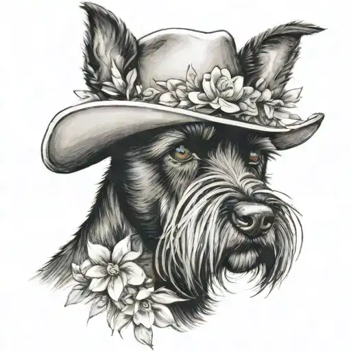 All Black Schnauzer With Cowgirl Hat And Brown Eyes And A Collar And Flowers Looking To The Side