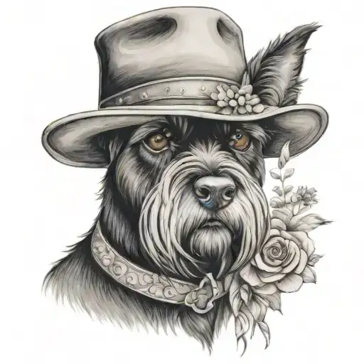 All Black Schnauzer With Cowgirl Hat And Brown Eyes And A Collar And Flowers Looking To The Side