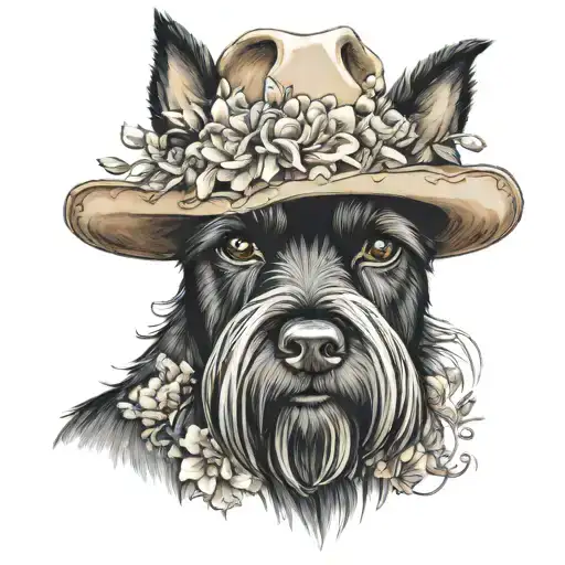 All Black Schnauzer With Cowgirl Hat And Brown Eyes And A Collar And Flowers Looking To The Side